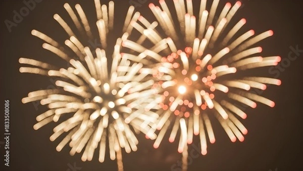Obraz The fireworks display a radial pattern, with streaks of light radiating outwards from central points. There are hints of red or orange near the center of the bursts. 