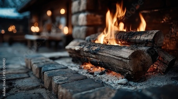 Fototapeta Cozy fireplace with burning logs and warm flames creating a relaxing atmosphere