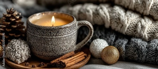 Fototapeta Cozy ambiance with candle, cinnamon, and warm textiles for a relaxing winter mood