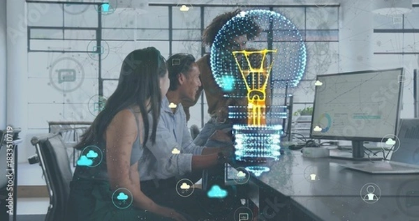 Fototapeta Reviewing charts, team in office wear leaning over monitors at office, hologram bulb and clouds