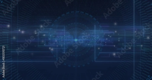 Obraz Pulsing central glowing hub and radial HUD radiating data flows in cyberspace panel, neon circuits