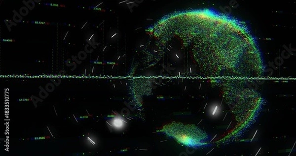 Obraz Rotating spherical RGB pointcloud globe pulsing on black void, showing waveform and readouts