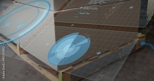 Obraz Displaying wooden pallet with stacked cardboard boxes in warehouse, AR overlay and green strap