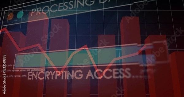 Fototapeta Displaying 3D red bar chart tracing red-orange line graph on data HUD, ENCRYPTING ACCESS overlay