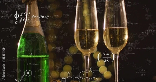 Fototapeta Showing green champagne bottle and two flutes with bubbles on bar, with scientific notations