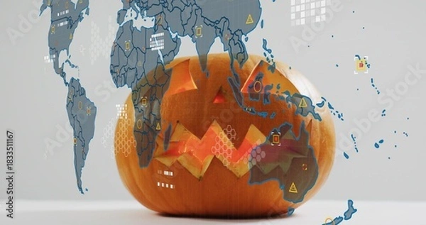 Obraz Glowing carved pumpkin casting warm light on white tabletop, with world map overlay and data icons