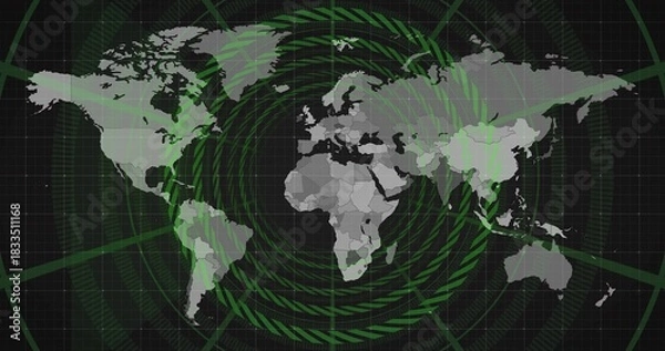 Obraz Displaying global map scanning over digital control panel, with green radar rings and grid