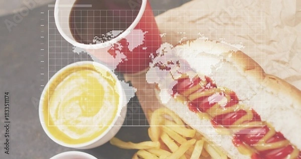 Obraz Presenting plated meal with hot dog, fries, wrap and cups on tabletop in cafe, map overlay