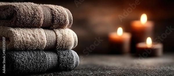 Fototapeta Relaxing Spa Scene with Stacked Towels and Lit Candles for Serenity