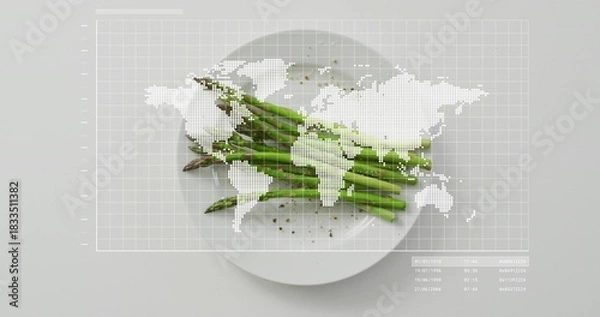 Fototapeta Displaying white plate with green asparagus on gray tabletop, showing grid map, pepper, timestamps