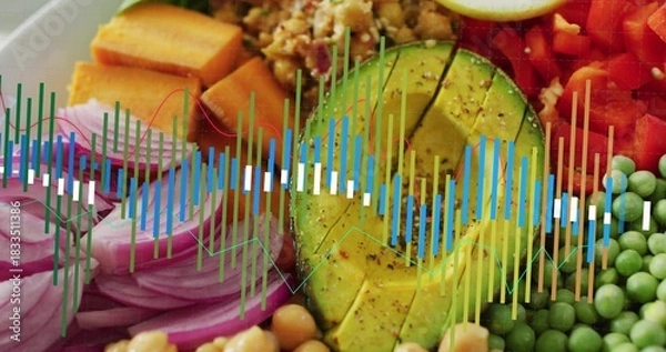 Fototapeta Showing composed bowl on tabletop, featuring halved avocado, red onion, sweet potato, waveform