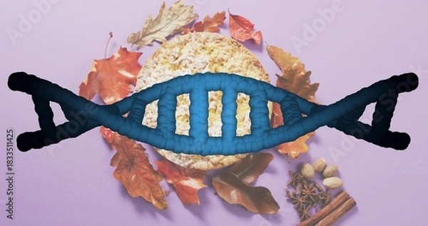 Fototapeta Displaying blue DNA helix overlaying rice cake on pastel purple surface, with spices and leaves
