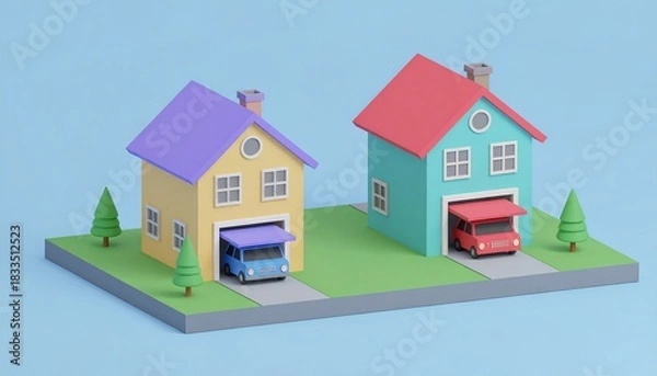 Fototapeta 家 住宅 一軒家 マイホーム 黄色 青 緑 紫 赤 ガレージ 車 自動車 ミニカー ジオラマ 模型 おもちゃ 3D CG イラストレーション 隣接 庭 並び シンプル