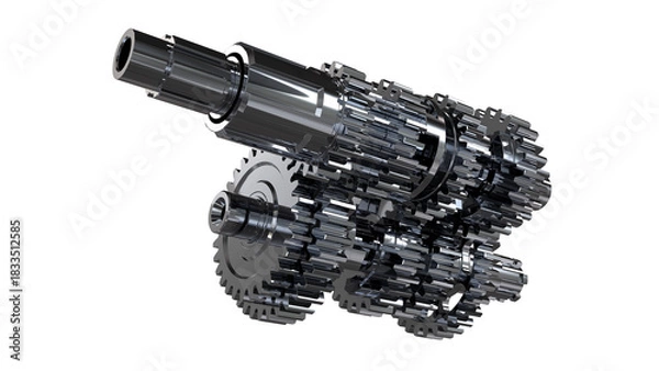 Fototapeta Compact assembly of interlocking dark gears in multi-stage configuration. Dense mechanical layout emphasizes torque modulation, transmission logic, and industrial engineering precision.