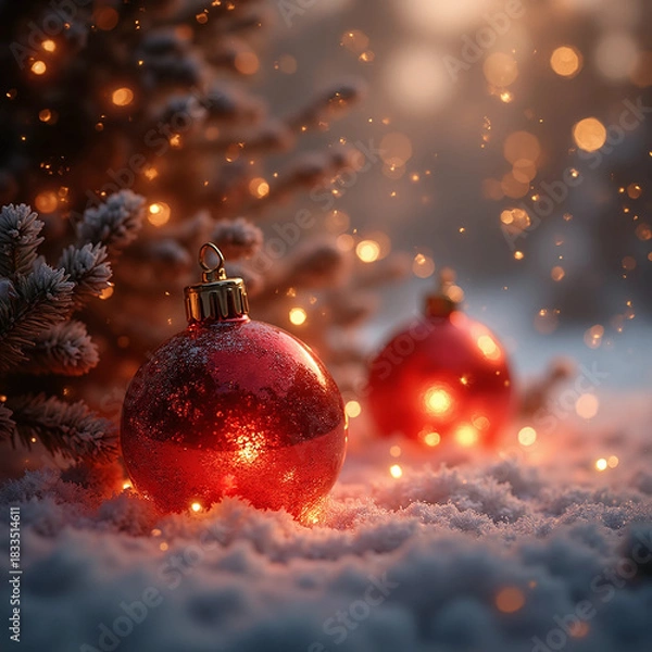 Obraz red christmas balls on snow