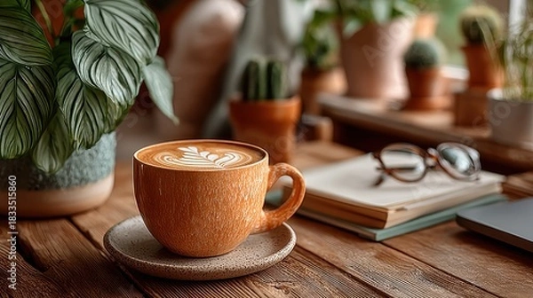 Fototapeta Cozy morning scene with coffee, plants, and books, creating a relaxing ambiance
