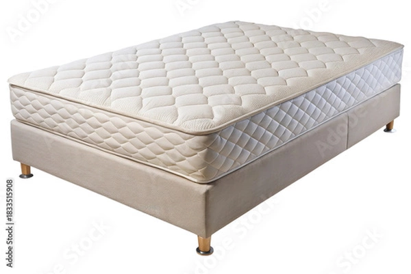Fototapeta A comfortable quilted mattress and box spring set with wooden legs isolated on transparent background