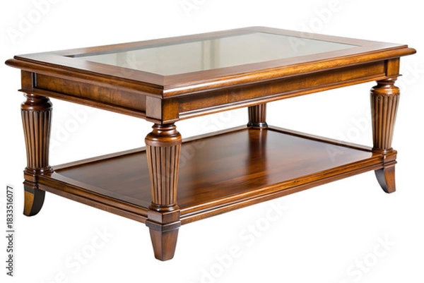 Fototapeta Elegant antique wooden coffee table with lower shelf and carved legs isolated on transparent background