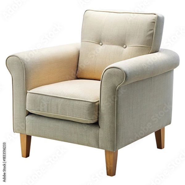 Fototapeta Classic upholstered armchair with plush fabric and wooden legs isolated on transparent background