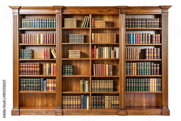 Fototapeta A grand wooden bookshelf filled with a diverse collection of antique and modern books isolated on transparent background