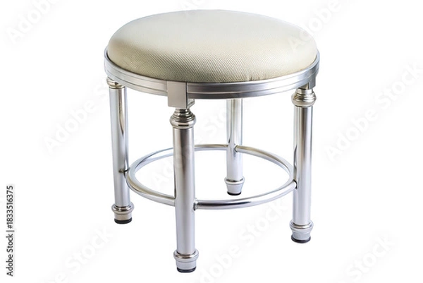 Fototapeta Elegant silver vanity stool with a textured cream upholstered seat isolated on transparent background