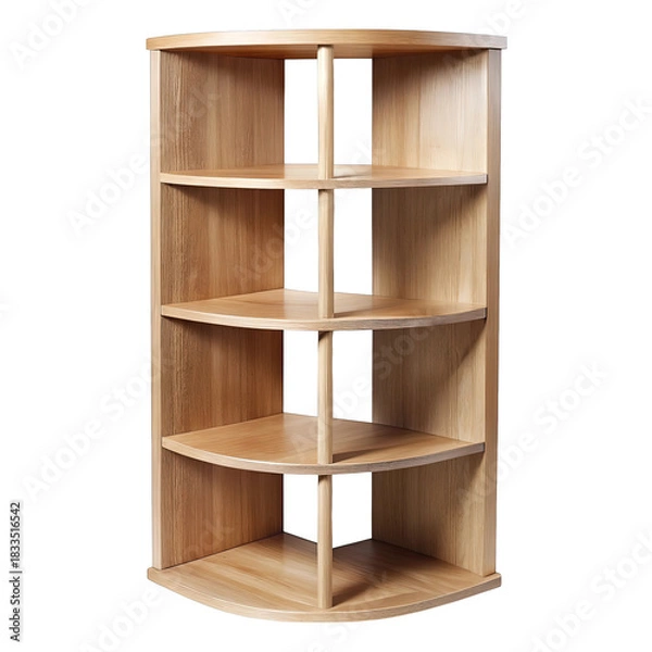 Fototapeta Rustic wooden corner shelf unit with four tiers for storage and display isolated on transparent background