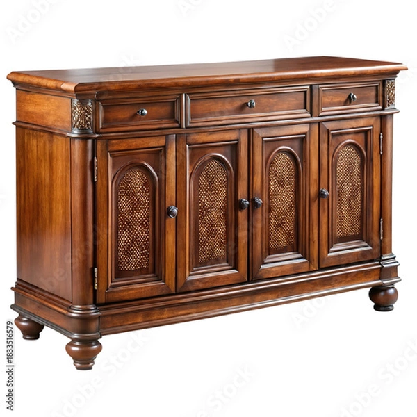 Fototapeta Antique ornate carved dark wood sideboard with drawers and four cabinet doors isolated on transparent background