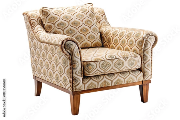Fototapeta Elegant upholstered armchair with intricate geometric pattern and wooden legs isolated on transparent background
