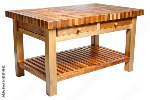 Fototapeta Rustic wooden butcher block kitchen island with two drawers and lower shelf isolated on transparent background