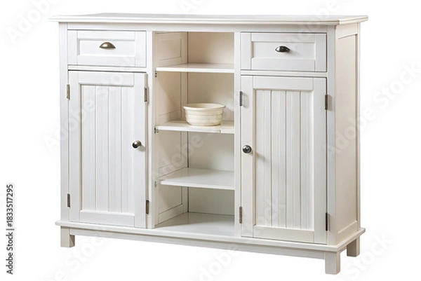 Fototapeta Classic white wooden cabinet with two doors and three shelves isolated on transparent background