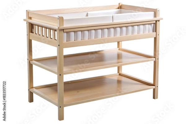 Fototapeta Natural wood baby changing table with three shelves and padded surface isolated on transparent background