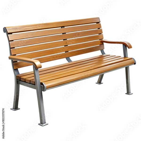 Fototapeta A classic wooden park bench with metal legs and armrests isolated on transparent background