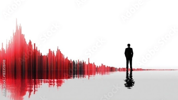 Fototapeta Contemplative Heights: A lone figure stands facing an imposing cityscape, reflected in the calm waters below, evokes a sense of introspection and the vast potential for the future.