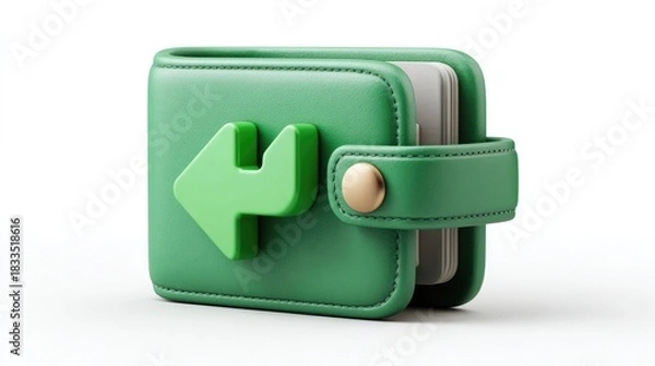 Fototapeta Wallet and arrow: A close-up shot of a 3D green wallet icon featuring an arrow symbol on its surface. This wallet design, with an arrow.