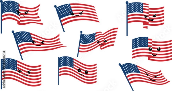 Fototapeta USA, flag, emotion, face, expression, patriotic, waving, character, symbol, red, white, blue, happy, sad, angry, mischievous, animated, festive, vector, design