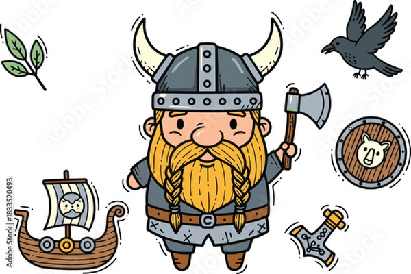 Fototapeta Viking cartoon illustration, Norse mythology theme, horned helmet warrior, battle axe, Viking ship, raven, shield, Mjölnir, playful design