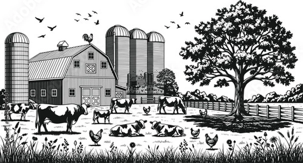 Fototapeta Vintage farm landscape scene with cows barn silos and tree, rural countryside illustration in engraved style, cad drawing flat vector illustration