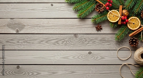 Obraz Rustic wooden Christmas background with fir branches and spices. Holiday flat lay decoration with dried oranges and cinnamon. Copy space for text