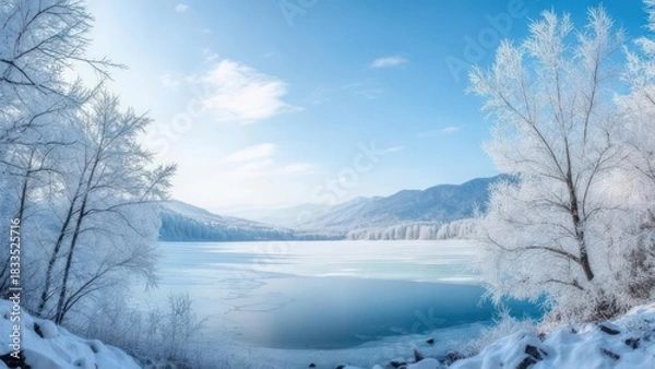 Fototapeta A crisp winter landscape with a frozen lake, frosted trees, and distant snow-covered mountains