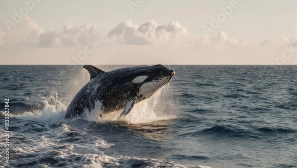 Fototapeta A killer whale leaps from ocean water, creating splash under a cloudy sky