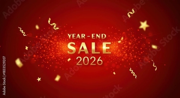 Fototapeta Year-End Sale 2026: A festive announcement promising exciting deals, the text Year-End Sale 2026 shines amidst a backdrop of swirling confetti, stars, and glittering dust. 