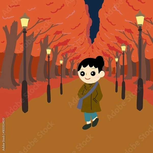 Obraz 夜の紅葉の中を歩く女性