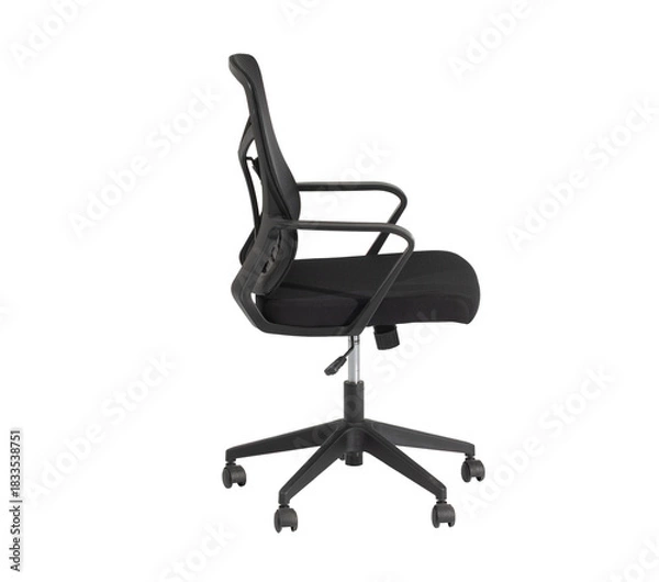 Obraz  Chair side view for Home Office Use Contemporary Study black Chair with Breathable Perforated Design Adjustable Task Chair with Padded Seat and Arm Support white background