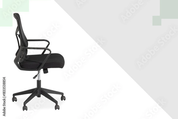 Obraz Chair side view for Home Office Use Contemporary Study black Chair with Breathable Perforated Design Adjustable Task Chair with Padded Seat and Arm Support white design background.