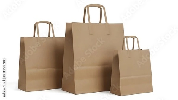 Obraz Three brown paper shopping bags of different size isolated on white background