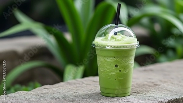 Obraz Iced green tea smoothie in plastic cup sitting on stone surface