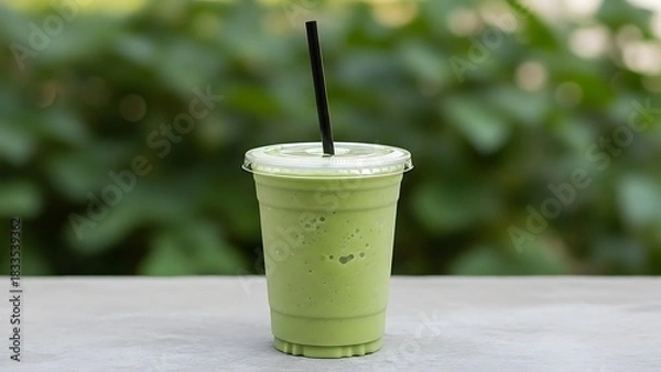 Obraz Iced matcha green tea latte smoothie in plastic cup with straw