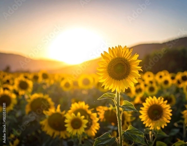 Obraz Sunflowers field at sunset