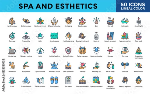 Fototapeta Spa and Esthetics icons set with scalp massage, wellness retreat, chakra balancing, anti aging icon. Simple lineal color vector illustration. Editable stroke 
