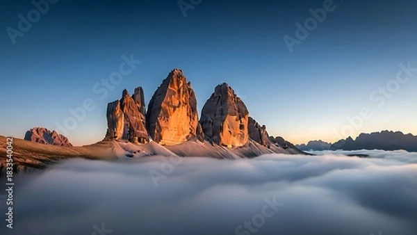 Obraz Tre cime di lavaredo mountains above sea of fog at sunrise